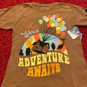 Disney New NWT  Pixar UP brown tee size XS  a world of adventure awaits balloon